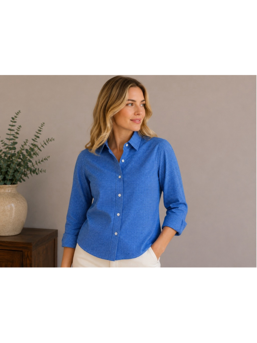 Women's Talbots Button Down Shirt Size 10 Blue Houndstooth Summer